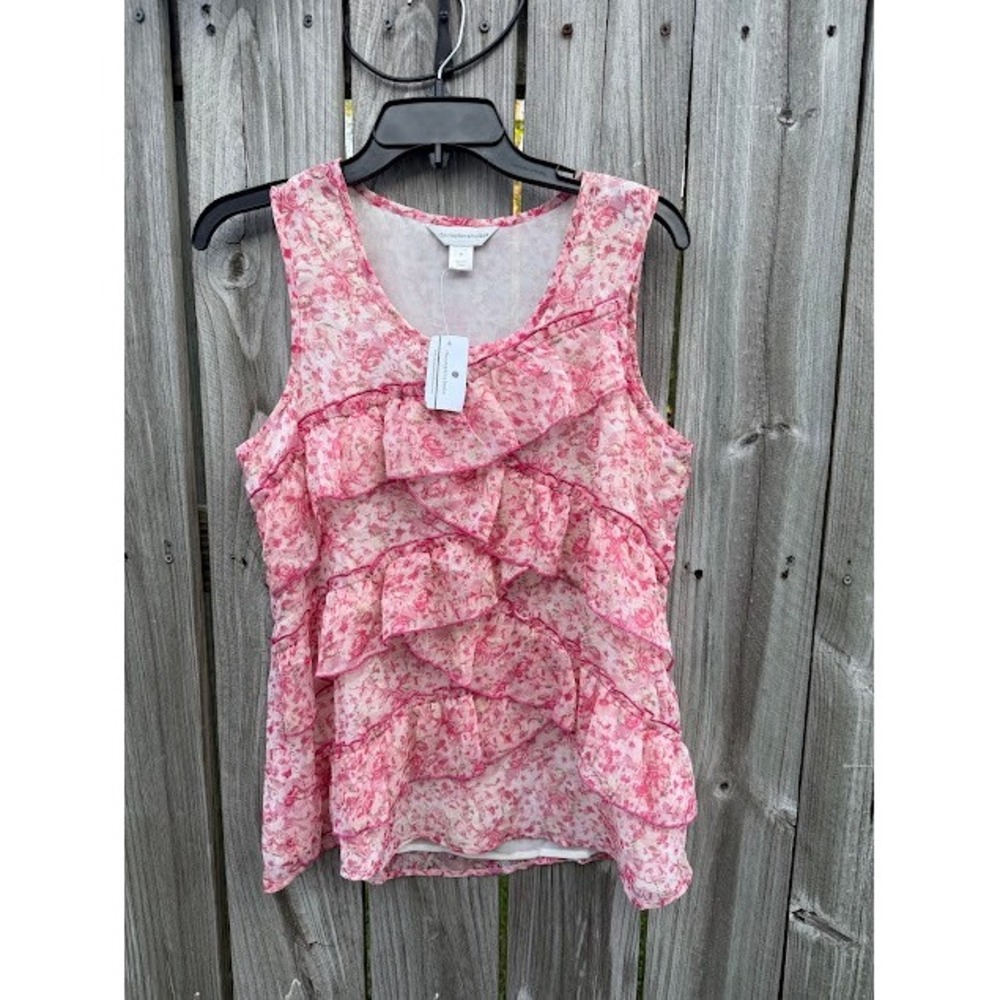 Cottagecore Coquette Christopher & Banks Blouse Size M Pink Floral Ruffle Tank